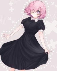 Rule 34 | 1girl, alternate costume, black-framed eyewear, black dress, blush, closed mouth, dress, fate/grand order, fate (series), glasses, grey background, hair over one eye, harukappa, highres, looking at viewer, mash kyrielight, medium hair, pink hair, purple eyes, short dress, short sleeves, skirt hold, smile, solo, standing, straight hair, wing collar