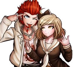 Rule 34 | 1boy, 1girl, blonde hair, bow, chain, chain necklace, cousins, danganronpa: trigger happy havoc, danganronpa (series), danganronpa another episode: ultra despair girls, hair bow, jewelry, ktokei (kurokku-tokei), kuwata leon, lock, looking at another, looking at viewer, nakajima kanon, neckerchief, necklace, official style, one eye closed, padlock, piercing, red hair, ring, safety pin, school uniform, serafuku, simple background, smile, tongue, tongue out, tongue piercing, white hair, yellow eyes