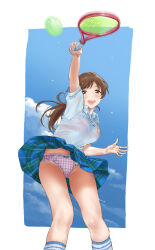 Rule 34 | 1girl, :d, accidental exposure, arm up, blue sky, blush, bra, bra visible through clothes, brown hair, clothes lift, cloud, collared shirt, commission, gluteal fold, hamedoragon, highres, idolmaster, idolmaster cinderella girls, kneehighs, long hair, looking at viewer, nitta minami, open mouth, panties, pantyshot, pink bra, pink panties, pixiv commission, playing sports, ponytail, shirt, skirt, skirt lift, sky, smile, socks, solo, tennis, underwear, wet, wet clothes, wet shirt