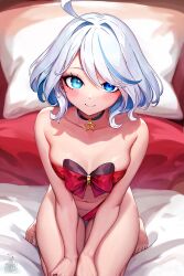 Rule 34 | 1girl, absurdres, ahoge, artist logo, blue eyes, blush, breasts, christmas, commentary, english commentary, floral bow, furina (genshin impact), genshin impact, hair over one eye, highres, kneeling, long hair, looking at viewer, medium breasts, mismatched pupils, multicolored hair, on bed, pillow, skindentation, smile, solo, star (symbol), streaked hair, thighs, unstableboiler, very long hair, wavy hair, white hair
