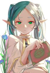 Rule 34 | 1girl, artist name, blue flower, book, capelet, clip studio paint (medium), commentary, dangle earrings, earrings, elf, english commentary, expressionless, flower, frieren, gold trim, green eyes, grey hair, highres, holding, holding book, jewelry, long hair, looking at viewer, parted bangs, parted lips, pointy ears, shirt, simple background, solo, sousou no frieren, striped clothes, striped shirt, thick eyebrows, twintails, upper body, vrabius, white background, white capelet