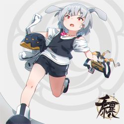 Rule 34 | 1girl, :o, animal ears, arm behind back, bare legs, bare shoulders, black shorts, black tank top, chromatic aberration, collarbone, dutch angle, extra ears, full body, grey background, grey hair, highres, holding, holding clothes, kuro kosyou, off-shoulder shirt, off shoulder, open mouth, original, rabbit ears, rabbit girl, red eyes, running, shirt, shoes, short eyebrows, short hair, short sleeves, shorts, solo, sweatdrop, tank top, thick eyebrows, white shirt