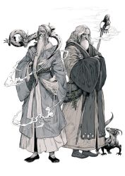 Rule 34 | 2boys, beard, crossed arms, dragon, facial hair, greyscale, hair ornament, hair stick, holding, holding staff, jug (bottle), long hair, long sleeves, male focus, monochrome, mouth hold, multiple boys, old, old man, original, robe, smoking, staff, standing, stroking beard, tahra, wide sleeves