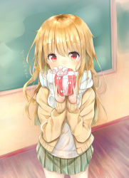 Rule 34 | 1girl, bad id, bad pixiv id, blonde hair, blush, box, cardigan, commentary request, covered mouth, gift, gift box, green skirt, hair between eyes, head tilt, highres, holding, holding gift, indoors, long hair, long sleeves, looking at viewer, open cardigan, open clothes, original, plaid, plaid skirt, pleated skirt, red eyes, sashima, scarf, school uniform, shirt, skirt, solo, standing, striped clothes, striped scarf, translation request, valentine, vertical-striped clothes, vertical-striped scarf, very long hair, white scarf, white shirt