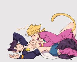 Rule 34 | 2boys, abs, animal ears, black hair, blonde hair, blue eyes, blue male underwear, blush, boxer briefs, bug, cat boy, cat ears, cat tail, closed eyes, commentary, diamond wa kudakenai, dog boy, dog ears, earrings, english commentary, gakuran, giorno giovanna, grabbing, grin, heart, higashikata josuke, highres, honlo, insect, jacket, jewelry, jojo no kimyou na bouken, ladybug, long hair, long sleeves, looking at another, lying, lying on person, male focus, male underwear, massage, multiple boys, nipples, no pants, on back, open clothes, pants, pectoral grab, pectorals, pink jacket, pink pants, pompadour, purring, school uniform, simple background, smile, tail, toned, toned male, underwear, vento aureo