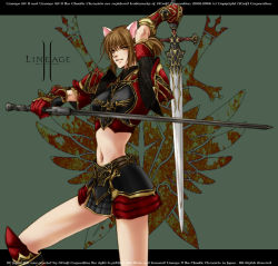 Rule 34 | 1girl, animal ears, armor, boots, brown eyes, brown hair, chainmail, dual wielding, gauntlets, gordon (tori63), holding, lineage, lineage 2, midriff, miniskirt, navel, short hair, shoulder armor, skirt, solo, pauldrons, sword, weapon