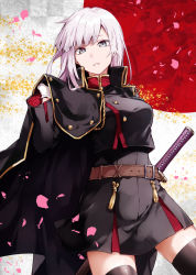 Rule 34 | 1girl, arisaka ako, bad id, bad pixiv id, belt, black cape, black dress, black thighhighs, breasts, buttons, cape, checkered background, cowboy shot, cropped jacket, dress, eyebrows, floral background, gloves, grey eyes, highres, katana, large breasts, long hair, long sleeves, looking at viewer, original, parted lips, petals, pleated dress, red sun, solo, sword, tassel, thighhighs, weapon, white gloves, white hair
