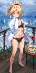 Rule 34 | 1girl, barefoot, black bra, black panties, blonde hair, blue sky, blush, bra, bread, breasts, city, cloud, coffee, commentary request, cup, day, fate/apocrypha, fate (series), food, green eyes, highres, holding, holding cup, legs, long sleeves, looking at viewer, mordred (fate), mug, navel, off shoulder, open clothes, open shirt, panties, plant, ponytail, potted plant, railing, sausage, shirt, short hair, single bare shoulder, sky, small breasts, solo, standing, stomach, thighs, tonee, underwear, white shirt