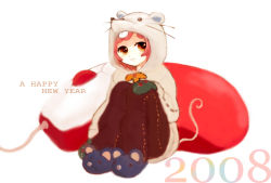 Rule 34 | 00s, 2008, animal costume, animal ears, bad id, bad pixiv id, brown eyes, hood, mouse (computer), mouse costume, mouse ears, mouse tail, mousepad, mousepad (object), new year, original, pink hair, slippers, solo, tail, tokiwa osamu
