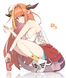 Rule 34 | 1girl, absurdres, adidas, blonde hair, blunt bangs, bow, breasts, can, clenched teeth, cloba, coca-cola, commentary, diagonal-striped bow, dragon girl, dragon horns, dragon tail, english commentary, food, full body, highres, holding, holding can, holding food, hololive, horns, kiryu coco, large breasts, long hair, looking at viewer, multicolored hair, orange hair, pizza, pointy ears, red eyes, reflection, shoes, simple background, smile, sneakers, solo, squatting, streaked hair, tail, teeth, thighs, virtual youtuber, white background, white footwear