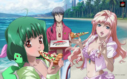 Rule 34 | 1boy, 2girls, ahoge, ai-kun, alien, beach, bikini, bikini top only, blonde hair, blue eyes, blue hair, breasts, brown eyes, cleavage, day, earrings, eating, food, green hair, highres, jewelry, long hair, macross, macross frontier, macross frontier: sayonara no tsubasa, medium breasts, multiple girls, nail polish, navel, official art, official wallpaper, pizza, pizza hut, ponytail, product placement, ranka lee, red eyes, saotome alto, sheryl nome, shiny skin, short hair, single earring, small breasts, swimsuit, vajra (macross), wallpaper