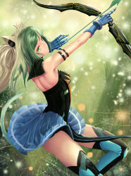 Rule 34 | 1girl, absurdres, ahoge, animal ears, armlet, armpits, atalanta (fate), blonde hair, blue skirt, bow (weapon), breasts, cat ears, cat tail, choker, fate/apocrypha, fate (series), floating hair, from side, gauntlets, green eyes, green hair, hair ornament, head tilt, highres, holding, holding bow (weapon), holding weapon, index finger raised, long hair, looking at viewer, miniskirt, multicolored hair, nekobell, parted lips, pleated skirt, skirt, sleeveless, small breasts, solo, strapless, tail, thighhighs, two-tone hair, weapon