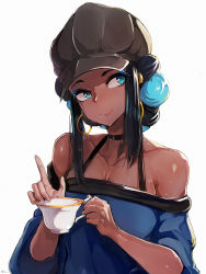 Rule 34 | 1girl, aqua eyes, aqua hair, artist name, bare shoulders, black hair, black hat, blue eyeshadow, breasts, choker, closed mouth, collarbone, commentary request, creatures (company), cup, dark-skinned female, dark skin, earrings, eyeshadow, game freak, gym leader, hat, highres, holding, holding cup, hoop earrings, jewelry, korean commentary, long hair, looking away, looking to the side, makeup, mascara, multicolored hair, my700, nessa (pokemon), nintendo, off-shoulder shirt, off shoulder, official alternate costume, pokemon, pokemon: twilight wings, pokemon swsh, shirt, signature, smile, solo, teacup, two-tone hair, upper body