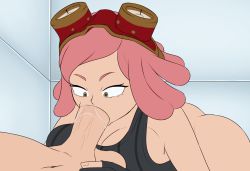 Rule 34 | 1boy, 1girl, animated, animated gif, ass, bare shoulders, boku no hero academia, bottomless, breasts, cleavage, deepthroat, fellatio, gloves, goggles, goggles on head, hatsume mei, hetero, highres, large breasts, medium hair, oral, penis, pink hair, scrabble007, tank top, uncensored, yellow eyes