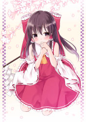 Rule 34 | 1girl, ascot, black hair, blush, border, bow, branch, cherry blossoms, covering own mouth, detached sleeves, floral background, gohei, hair bow, hair tubes, hakurei reimu, long hair, looking at viewer, own hands together, purin jiisan, red eyes, ribbon-trimmed sleeves, ribbon trim, seiza, sidelocks, sitting, solo, touhou, white background
