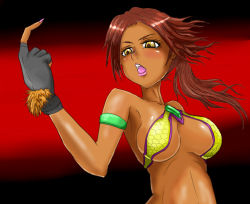 Rule 34 | 1girl, bare shoulders, blush, brazil, breasts, brown hair, christie monteiro, dark-skinned female, dark skin, female focus, fingerless gloves, gloves, large breasts, lips, lipstick, makeup, midriff, namco, open mouth, ponytail, revealing clothes, sideboob, simple background, solo, solo focus, tekken, tongue, underboob, yellow eyes