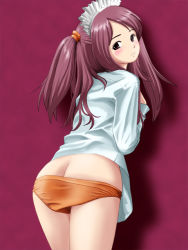 Rule 34 | ass, blouse, blush, from behind, looking back, orange panties, panties, panty pull, ponnetsu, red background, red hair, shirt, short twintails, simple background, twintails, underwear, undressing, waitress, white shirt