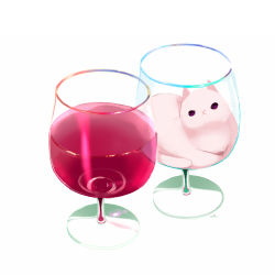 Rule 34 | alcohol, cat, chai (drawingchisanne), commentary request, cup, drinking glass, in container, in cup, looking at viewer, no humans, original, signature, undersized animal, white background, white cat, wine, wine glass
