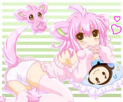Rule 34 | 10s, 1girl, ahoge, animal ears, ass, bare shoulders, blush, brown eyes, creatures (company), detached sleeves, dual persona, female focus, game freak, gen 5 pokemon, heart, lying, marimo (artist), minccino, moemon, nintendo, panties, personification, pillow, pink hair, pokemon, pokemon bw, short hair, sleeves past wrists, solo, sweater, tail, thighhighs, tympole, underwear