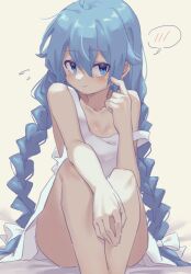 Rule 34 | 1girl, bare arms, bed sheet, blue eyes, blue hair, blush stickers, braid, breasts, cleavage, closed mouth, collarbone, dress, feet out of frame, hair between eyes, highres, long braid, long hair, looking at viewer, mushoku tensei, roxy migurdia, sitting, small breasts, solo, strap slip, tazaki yokka, twin braids, very long hair, white dress