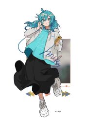 Rule 34 | 1girl, black skirt, blue eyes, blue hair, blue nails, blue skirt, cable, character name, commentary request, floating hair, full body, hassan (sink916), hatsune miku, headphones, highres, holding, holding headphones, holding phone, jacket, long hair, multicolored eyes, official art, parted lips, phone, play button, simple background, skirt, solo, standing, standing on one leg, tachi-e, twintails, vocaloid, white background, white jacket, yellow eyes