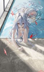 Rule 34 | 1girl, absurdres, arknights, commentary, hair censor, hand up, hhy, highres, long hair, looking at viewer, no headwear, no headwear, nude, pool, red eyes, silver hair, skadi (arknights), solo, very long hair, water