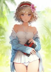 Rule 34 | 1girl, alice margatroid, backlighting, bare shoulders, blonde hair, book, breasts, casual one-piece swimsuit, cowboy shot, curly hair, day, fingernails, flower, grimoire of alice, hair flower, hair ornament, hairband, halterneck, hibiscus, holding, holding book, hood, hooded jacket, hoodie, horizon, jacket, light brown hair, long sleeves, looking at viewer, matsuda (matsukichi), off shoulder, one-piece swimsuit, open clothes, open hoodie, open jacket, outdoors, palm tree, parted lips, short hair, sleeves past wrists, small breasts, smile, solo, swept bangs, swimsuit, thighs, touhou, tree, white one-piece swimsuit