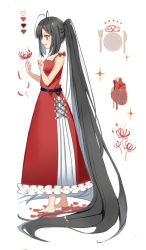 Rule 34 | 1girl, absurdly long hair, antenna hair, bad id, bad pixiv id, bare arms, bare shoulders, barefoot, black hair, bow, cross-laced clothes, dress, flower, fork, from side, full body, heart (organ), holding, holding flower, knife, long hair, looking away, nail polish, original, petals, plate, ponytail, profile, red bow, red dress, red eyes, red flower, red nails, rero (bigdoorbig2), sidelocks, simple background, sleeveless, sleeveless dress, solo, sparkle, spider lily, very long hair, white background