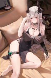 Rule 34 | 1girl, arknights, black bra, black dress, bra, breasts, cleavage, cross, cross necklace, cup, demon horns, dress, drinking glass, flower, grey hair, hair ornament, hand up, highres, horns, jewelry, large breasts, long hair, looking at viewer, mudrock (arknights), mudrock (obsidian) (arknights), nail polish, necklace, official alternate costume, reclining, red eyes, rhodes island logo (arknights), ru zhai, solo, thigh strap, thighs, underwear, white flower, wine glass