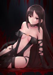 Rule 34 | 1girl, arm support, bare shoulders, black background, black choker, black dress, black gloves, black hair, black ribbon, blood, blush, breasts, breasts apart, center opening, choker, collarbone, commentary request, dress, earrings, fate/grand order, fate (series), gloves, groin, highres, jewelry, leaning to the side, long hair, looking at viewer, medium breasts, navel, parted lips, red eyes, reuri (tjux4555), revealing clothes, ribbon, sanpaku, sidelocks, sitting, solo, very long hair, yu mei-ren (fate)