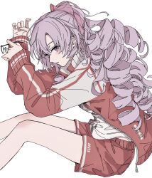 Rule 34 | 1girl, absurdres, drill hair, hair ornament, highres, holding, holding removed eyewear, hyakumantenbara salome, hyakumantenbara salome (casual), jacket, long hair, long sleeves, looking at viewer, mochidash, nijisanji, open clothes, open jacket, parted lips, purple eyes, purple hair, red jacket, red shorts, shirt, shorts, simple background, solo, unworn eyewear, virtual youtuber, white background, white shirt