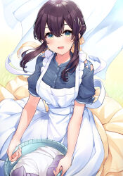 Rule 34 | 1girl, :d, ao no neko, apron, basket, blue eyes, blue shirt, brown hair, commentary request, crossed bangs, fangs, folded clothes, grass, hair between eyes, hair ribbon, highres, holding, holding basket, laundry basket, looking at viewer, maid, maid apron, open mouth, original, puffy short sleeves, puffy sleeves, ribbon, shirt, short sleeves, skirt, smile, solo, standing, towel, twintails, white apron, yellow skirt