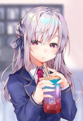 Rule 34 | 1girl, blazer, blue jacket, blue ribbon, blurry, blurry background, blush, braid, collared shirt, commentary, cup, depth of field, disposable cup, drinking straw, english text, hair between eyes, hair ribbon, highres, holding, holding cup, jacket, long hair, long sleeves, looking at viewer, mole, mole under eye, necktie, original, parted lips, pink necktie, purple eyes, ribbon, school uniform, shirt, silver hair, solo, upper body, usagihime, white shirt, wing collar