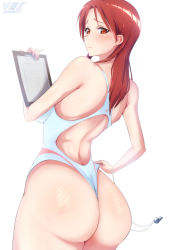 Rule 34 | 1girl, ass, breasts, clipboard, competition swimsuit, female focus, from behind, highleg, highleg swimsuit, highres, long hair, looking at viewer, looking back, medium breasts, minna-dietlinde wilcke, one-piece swimsuit, red eyes, red hair, shiny skin, simple background, solo, standing, strike witches, sweat, swimsuit, varie7k, white background, white one-piece swimsuit, world witches series