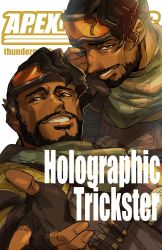 Rule 34 | 2boys, animification, apex legends, black gloves, bodysuit, brown hair, checkered clothes, checkered scarf, copyright name, cover, cover page, dark-skinned male, dark skin, facial hair, fake cover, fingerless gloves, gloves, goatee, goggles, goggles on head, green scarf, hair behind ear, highres, logo parody, looking at viewer, male focus, manga cover, mirage (apex legends), multiple boys, parted lips, scarf, smile, thundergotch, white background, yellow bodysuit