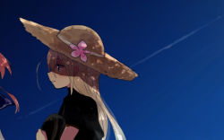 Rule 34 | 10s, 1girl, annin musou, bad id, bad pixiv id, black shirt, blonde hair, blue eyes, blue sky, casual, coat, commentary request, contrail, day, flower, from side, garrison cap, hair ornament, hat, hat flower, unworn hat, unworn headwear, holding, holding hat, kantai collection, long hair, pink flower, pink hair, profile, sailor collar, shadow, shirt, short sleeves, sky, smile, solo, straw hat, sun hat, u-511 (kancolle)