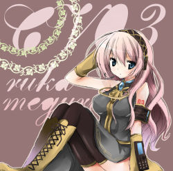 Rule 34 | bad id, bad pixiv id, blue eyes, boots, long hair, megurine luka, pink hair, purinpurin, sitting, solo, thighhighs, vocaloid