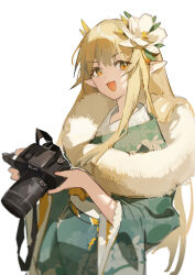 Rule 34 | 1girl, :d, absurdres, arknights, blonde hair, camera, feather boa, flower, green kimono, hair flower, hair flowing over, hair ornament, highres, holding, holding camera, japanese clothes, kimono, long hair, long sleeves, looking at viewer, muelsyse (arknights), open mouth, orange eyes, pointy ears, rui (woyoudabing rui), simple background, smile, solo, upper body, very long hair, white background, white flower, wide sleeves