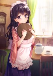 Rule 34 | 1girl, apron, chair, clock, cup, curtains, female focus, grandfather clock, japanese clothes, kimono, long hair, long sleeves, looking at viewer, maid, maid apron, maid headdress, moe2015, hugging object, original, oukatihiro, purple eyes, purple hair, smile, solo, table, teacup, teapot, tray, wa maid, wide sleeves, window