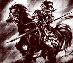 Rule 34 | 1boy, armor, barding, dark souls (series), dark souls i, dragon slayer ornstein, from software, full armor, gauntlets, helmet, horse, huge weapon, knight, male focus, monochrome, polearm, solo, soubi, spear, weapon