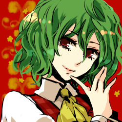 Rule 34 | 1girl, ascot, bad id, bad pixiv id, female focus, finger to mouth, green hair, grin, head tilt, kazami yuuka, lips, lowres, plaid, plaid vest, popoin, portrait, red eyes, short hair, smile, solo, touhou, vest