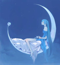 Rule 34 | 1girl, aqua hair, bad id, bad pixiv id, bare shoulders, barefoot, bed, blue theme, choker, crescent moon, cup, hatsune miku, kuzuvine, long hair, looking away, moon, on crescent, pillow, profile, sitting, sky, solo, star (sky), starry sky, teacup, twintails, very long hair, vocaloid