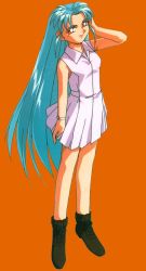 Rule 34 | 1990s (style), 1girl, blue hair, boots, long hair, masaki sasami jurai, miniskirt, orange background, pink eyes, retro artstyle, skirt, solo, tenchi muyou!