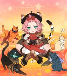 Rule 34 | 1girl, :3, absurdres, aether (genshin impact), animal ears, blush, bow, cat, cat ears, cat girl, cat tail, diona (genshin impact), fashion, full body, genshin impact, green eyes, hair bow, hat, highres, looking at viewer, pale skin, pink hair, shohje, short hair, sitting, solo, tail