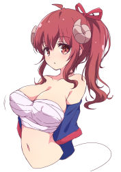 Rule 34 | 1girl, alternate hairstyle, breasts, cleavage, collarbone, commentary request, covered erect nipples, curled horns, demon girl, demon horns, demon tail, hair between eyes, hair ribbon, highres, horns, large breasts, looking at viewer, machikado mazoku, mel (melty pot), navel, ponytail, red eyes, red ribbon, ribbon, sarashi, short hair, simple background, solo, tail, upper body, white background, yoshida yuuko (machikado mazoku)
