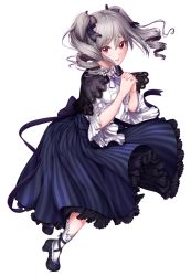 Rule 34 | 1girl, absurdres, akapii (jun 0512), black bow, black ribbon, blush, bow, capelet, center frills, drill hair, frilled bow, frills, full body, gloves, grey hair, hair between eyes, hair bow, hair ribbon, highres, idolmaster, idolmaster cinderella girls, kanzaki ranko, lips, long hair, looking at viewer, medium sleeves, neck ribbon, own hands clasped, own hands together, parted lips, purple ribbon, red eyes, ribbon, simple background, skirt, smile, solo, striped clothes, striped skirt, transparent background, twin drills, twintails, vertical-striped clothes, vertical-striped skirt, white background, white gloves