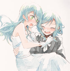 Rule 34 | 10s, 2girls, :d, ^ ^, aqua eyes, bang dream!, bare shoulders, black suit, blush, bow, braid, carrying, clenched hand, closed eyes, dress, closed eyes, formal, gloves, hair bow, hand on own chest, hikawa hina, hikawa sayo, incest, itomugi-kun, long hair, multiple girls, open mouth, princess carry, round teeth, short hair, siblings, side braids, sisters, smile, suit, teeth, twincest, twins, upper teeth only, wedding, wedding dress, white dress, white gloves, white neckwear, wife and wife, yuri