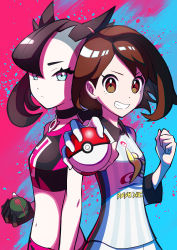 Rule 34 | 2girls, absurdres, arm up, arms up, asymmetrical bangs, beast ball, black choker, black hair, blouse, blue background, blue eyes, bob cut, brown hair, choker, clenched hand, collar, collared shirt, creatures (company), crop top, game freak, gloria (pokemon), gloves, gym challenge uniform, highres, holding, holding poke ball, jersey, long sleeves, looking to the side, marnie (pokemon), midriff, multiple girls, navel, nintendo, open mouth, outstretched arm, pink background, poke ball, pokemon, pokemon swsh, riki (rikixriki07), shaved head, shirt, short hair, short twintails, shorts, simple background, single glove, smile, spiked hair, striped clothes, striped shirt, swept bangs, teeth, twintails, two-tone background, two side up, white shirt, wide sleeves