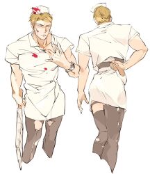 Rule 34 | 1boy, arm at side, arm behind back, black thighhighs, blonde hair, blood, blood on clothes, blood on face, blood on hat, buttons, coat dress, collar tug, double-breasted, dress, feet out of frame, from behind, hand up, hat, highres, holding, holding weapon, jujutsu kaisen, legwear garter, male focus, motofuyusso, multiple views, nanami kento, nurse, nurse cap, parted lips, short dress, short hair, simple background, thighhighs, torn clothes, torn thighhighs, watch, weapon, white background, white dress, wristwatch