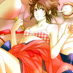 Rule 34 | 1girl, 3mm, bra, brown hair, flat chest, gintama, japanese clothes, lying, shimura tae, solo, underwear